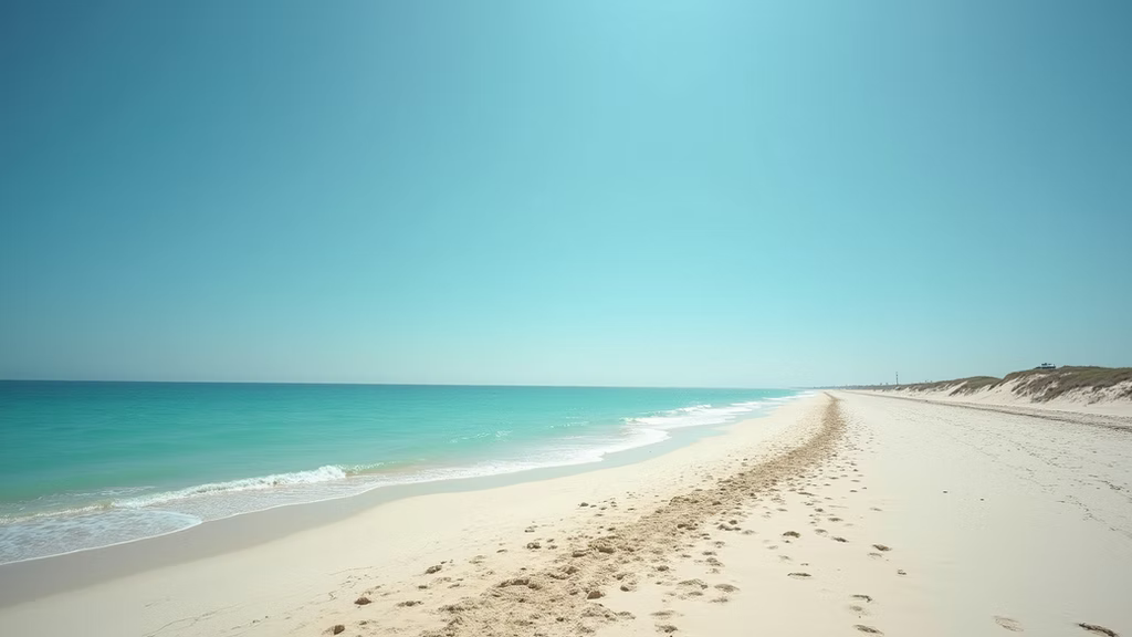 An empty, well-kept stretch of coastline with clear turquoise water and clean sand