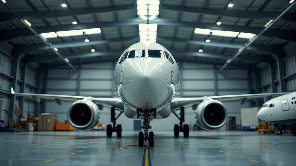 An aircraft parked nose-on inside a maintenance hangar