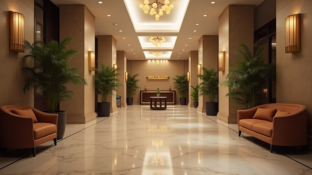 A quiet, marble-floored hotel lobby with warm pendant lighting, leather seating, and greenery