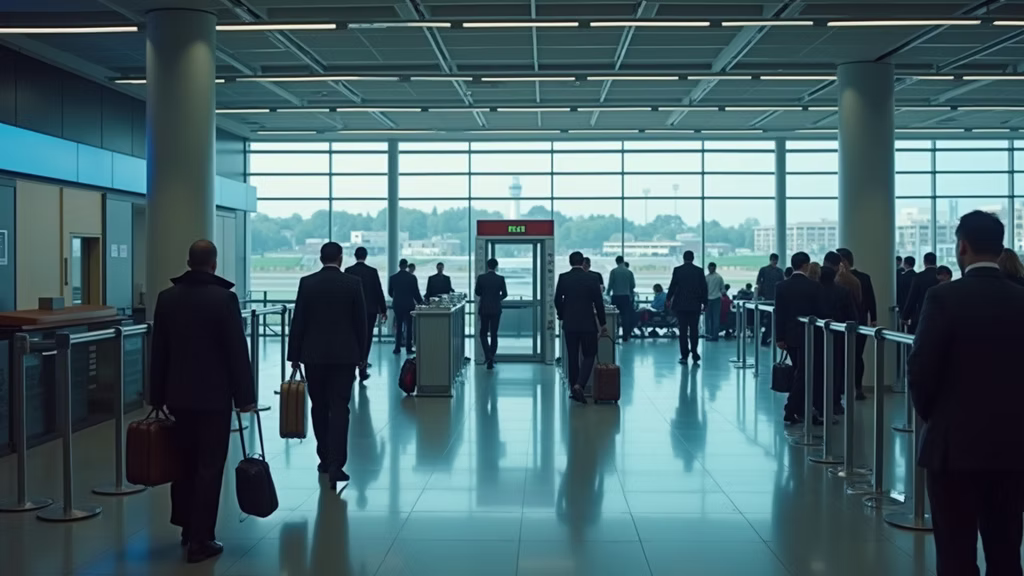 Passengers with luggage moving through a bright airport terminal toward a security checkpoint
