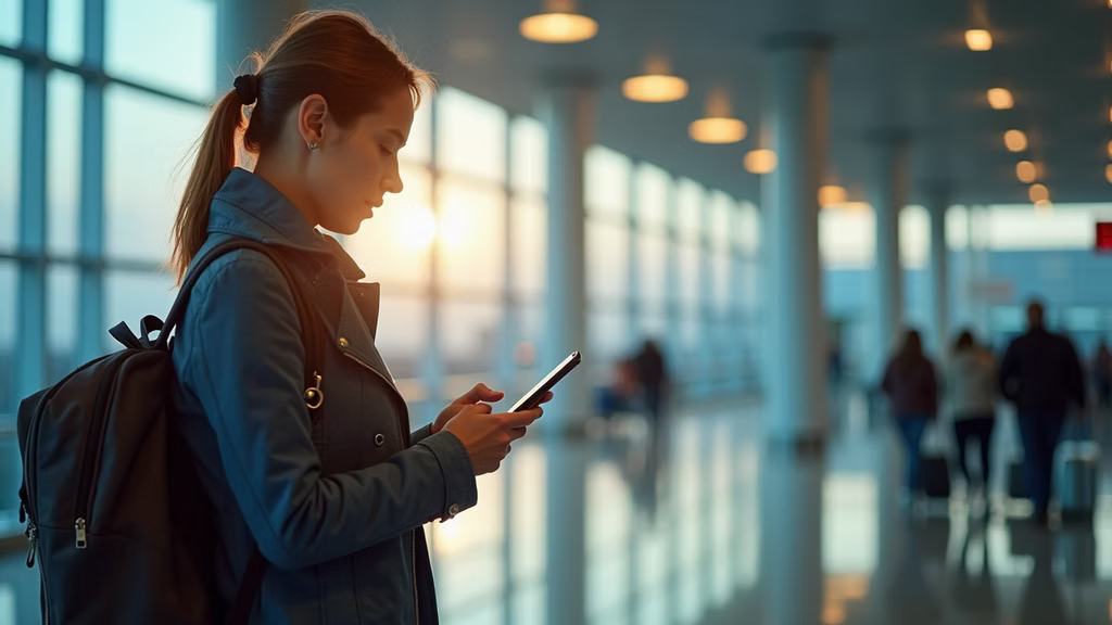 A traveller checking her phone in a sunlit airport terminal, backpack over one shoulder